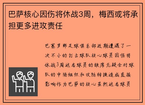 巴萨核心因伤将休战3周，梅西或将承担更多进攻责任